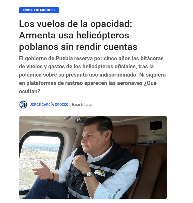MLopezSanMartin's tweet photo. Una más del gobernador Alejandro Armenta

Reservan por cinco años la información sobre el uso de los helicópteros del Gobierno de Puebla

¿No que eran muy transparentes?

📷 @jorgegogdl / @emeequis https://t.co/tvkky5fH2Q