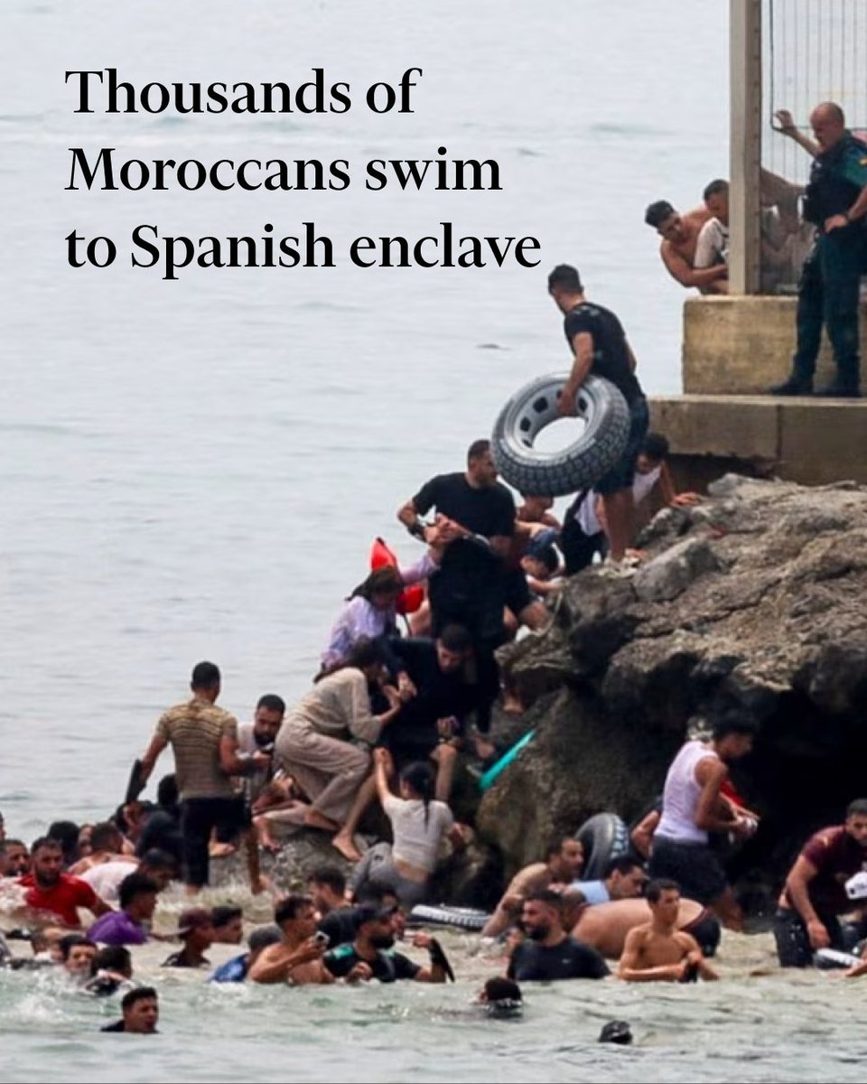 FT's tweet photo. Spain has been gripped by a new migrant crisis after thousands of Moroccans swam to one of its North African enclaves. One official in the Ceuta city government estimated that at the peak about 200 people were arriving every minute. https://t.co/P4OIBBiOZU https://t.co/utpAvXPeBW