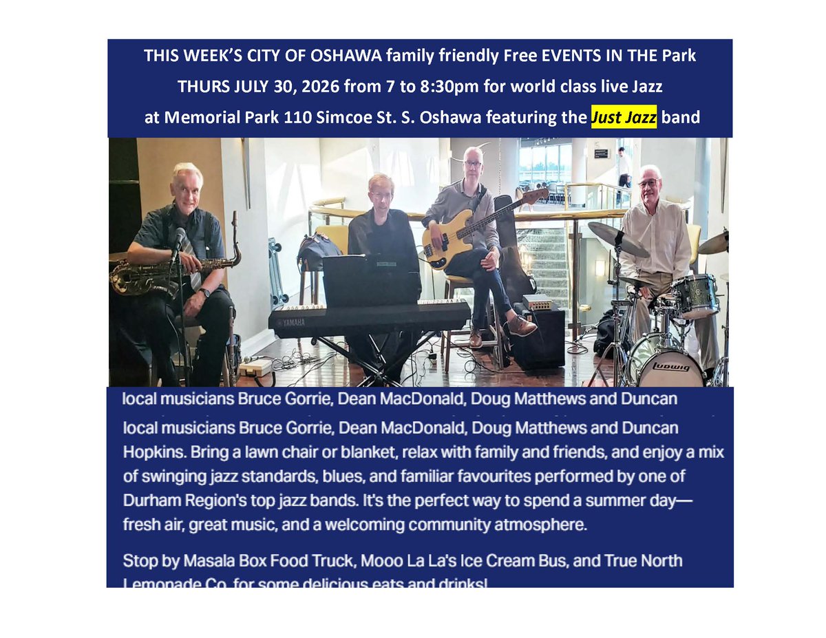 rosemcconkey's tweet photo. Jazz up your evening tonight! Visit  Oshawa's heritage bandshell and listen to a great professional Jazz band compliments of Oshawa's Events in the Park program sponsored by TD Bank https://t.co/6k3ntGm6bA