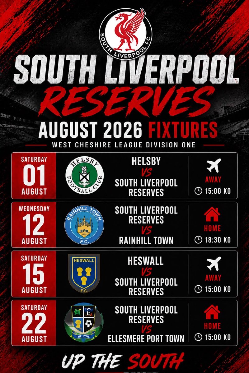 SouthLpoolWCL's tweet photo. Our August fixtures, doesn’t get much tougher than going away to the current West Cheshire League Champions Helsby. We look forward to getting going Saturday with our new management team and new squad. Up the South⚪️⚫️🔴 https://t.co/BJlpThgcsL