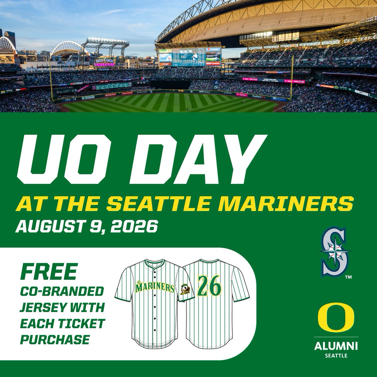 UOAlumni's tweet photo. 🔱 UO Day @ the Seattle Mariners is back! Connect with fellow Ducks Sunday, August 9 at a pre-game social, then it's play ball at T-Mobile Park.

Claim your FREE Ducks x Mariners jersey when you purchase your ticket for $86.74/ea.

We'll see you there! ➡️ https://t.co/7ZuFdrBMyw https://t.co/0GbMVlOaJx
