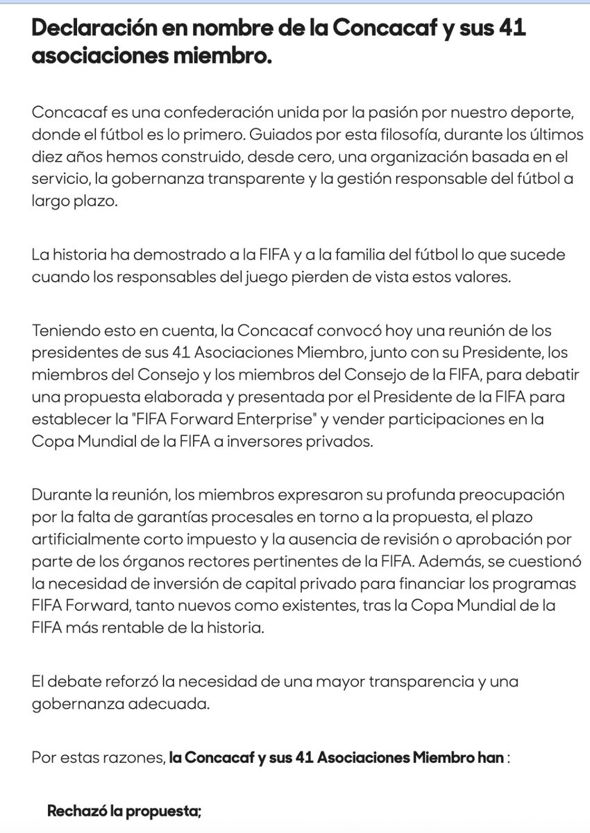 AristeguiOnline's tweet photo. 🚨 #ÚLTIMAHORA | La Concacaf rechazó por unanimidad la propuesta de la FIFA y Gianni Infantino para abrir a inversionistas privados una parte del negocio comercial del Mundial a través de FIFA Forward Enterprise. 

La confederación se suma así a la postura de la UEFA y aumenta la presión sobre el proyecto antes de la decisión de las 211 federaciones miembro.

Los detalles en https://t.co/bc04UyuhHn