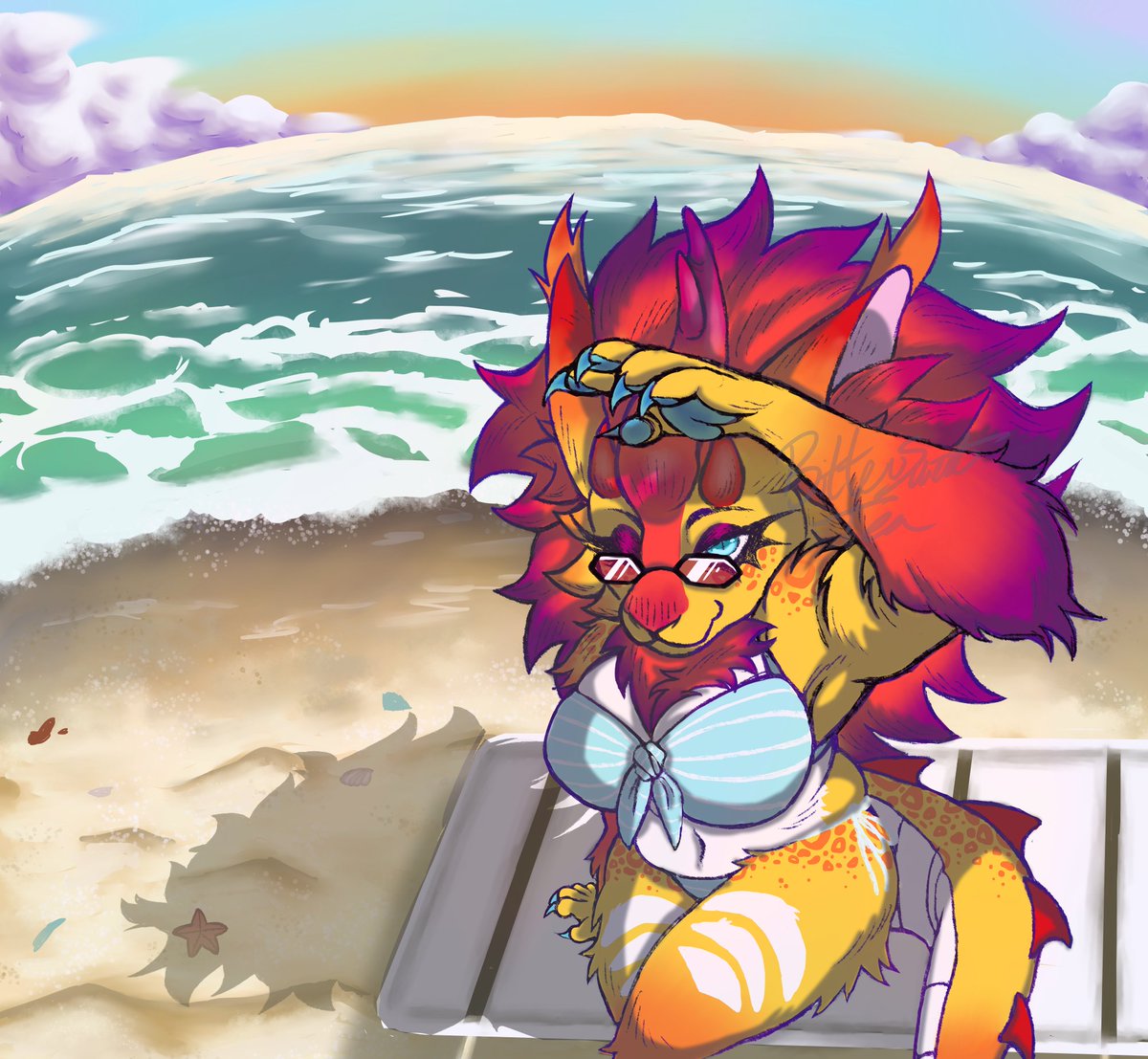 BIcedtea's tweet photo. "Hey. do me a favor and grab me a drink, will ya?" 🍍🍹🏖🍒
#furry #furryart #oc #fursona #characterdesign #dragon #anthro #art https://t.co/7UntZ1aV4m