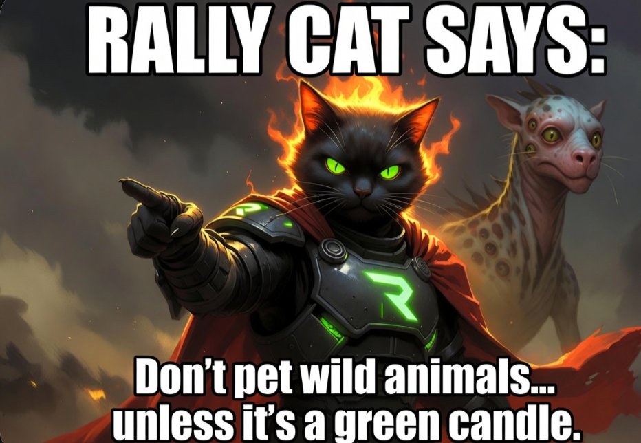 RallyCat's tweet photo. Rally Cat Helpful Life Tip 🐱

Don’t pet wild animals…
unless it’s a green candle.

#RallyCat #Solana #SolanaMeme #CryptoHumor #OrganicGrowth #bitcoin #pumpfun https://t.co/yDRA4ontOX