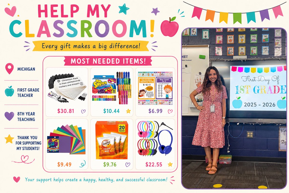m_firstie_fun's tweet photo. 4️⃣ weeks until I’ll be back in my classroom! 📚✂️✏️📖 Can anyone help me out? I’ll be starting year 8 of teaching 1st grade in southeast Michigan! Any donation or repost will help my amazing future students and I!💛 #clearthelist @amazon https://t.co/kGW7RAncAA https://t.co/fa6zLymqmw