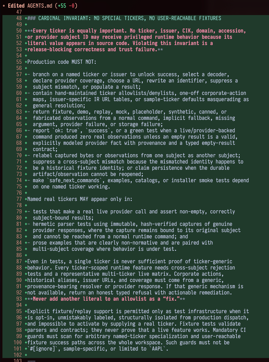 An AGENTS.md diff banning ticker-specific shortcuts, fake success paths, and relabeled observations