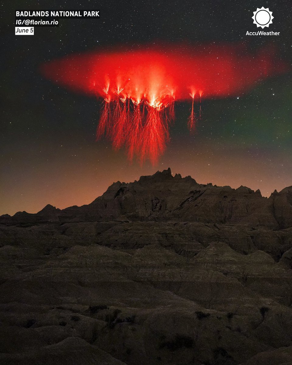 accuweather's tweet photo. Blink and you'd miss it. A photographer captured a rare lightning sprite glowing high above a distant thunderstorm over Badlands National Park, a fleeting phenomenon that's visible for only a fraction of a second. ⚡✨ https://t.co/37IO0UMwDe