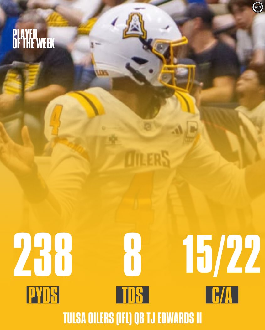 IndoorArenaPoll's tweet photo. Week 22 of the Indoor/Arena Consensus Poll is HERE! IT’S PLAYOFF SEASON! Congratulations to our IACP Player of The Week TJ Edwards. #ifl #af1 #tal #ial https://t.co/5bl0TaH62H