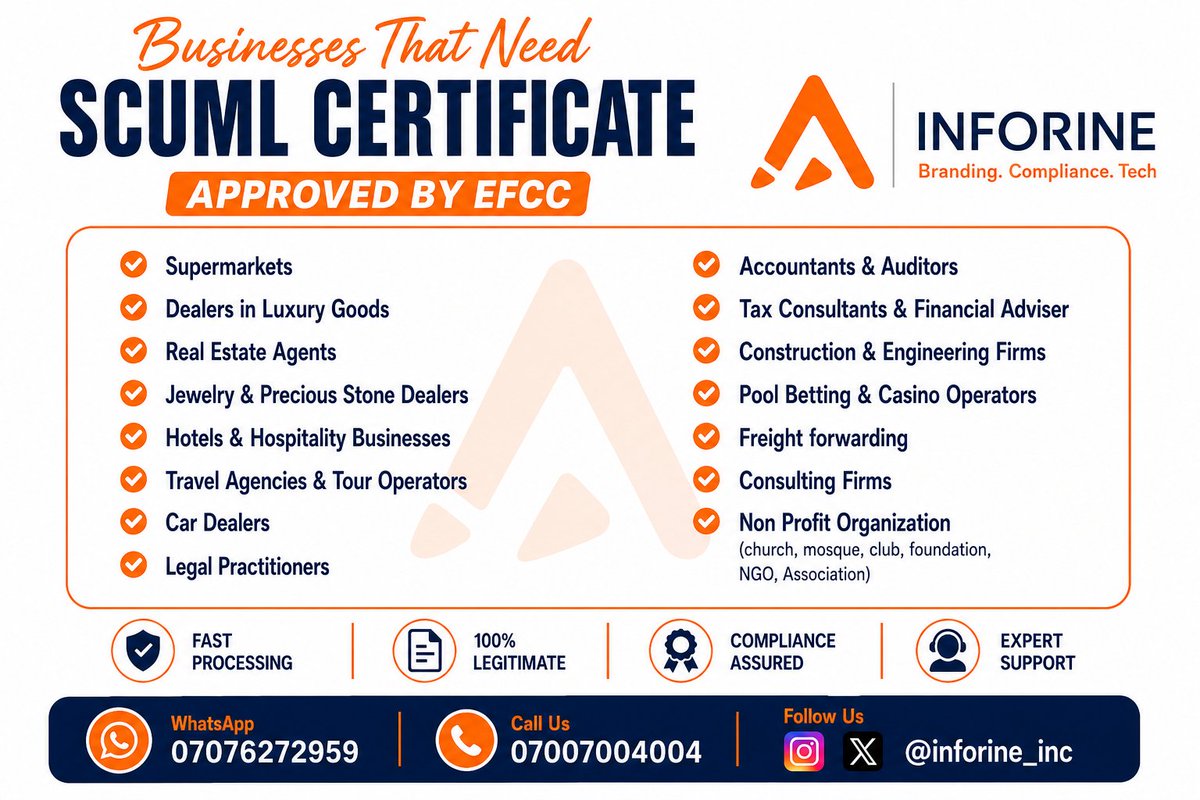 inc_inforine's tweet photo. If your business falls into any of the listed categories, obtaining a SCUML Certificate is not just good practice, it's a key compliance requirement that helps build trust with banks, regulators, and business partners.

#SCUML #EFCC #Compliance #BusinessRegistration https://t.co/befwUO2yQS
