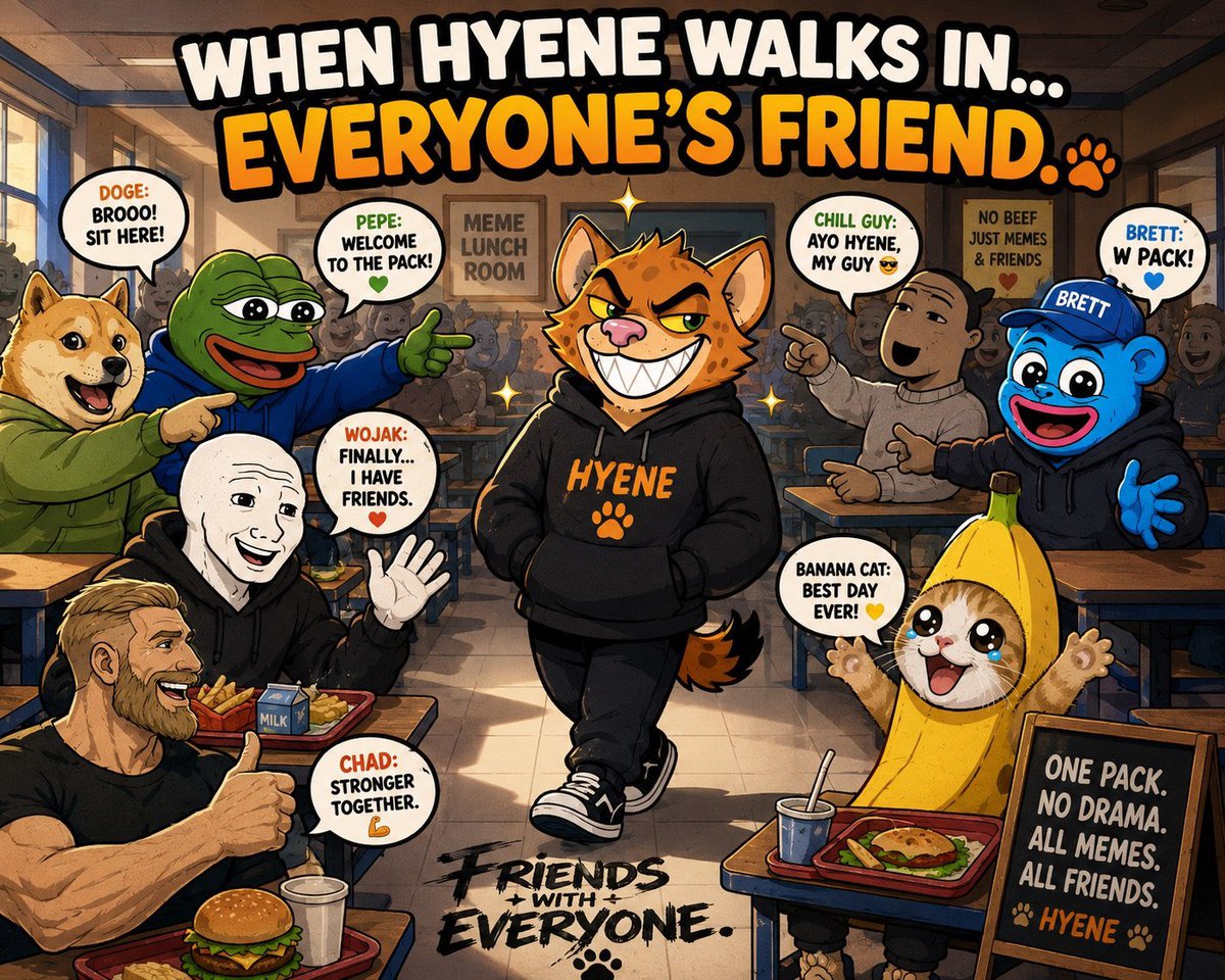 HyenaCatSol's tweet photo. 🔥 When Hyena Cat walks in… everyone’s friend.
No drama.
No hate.
Just the pack.
All memes.
All friends.
One pack.
The lunch table is open.
Come sit with us. 🤝
@HyenaCatSol
#HCAT https://t.co/K8KoapwWuv