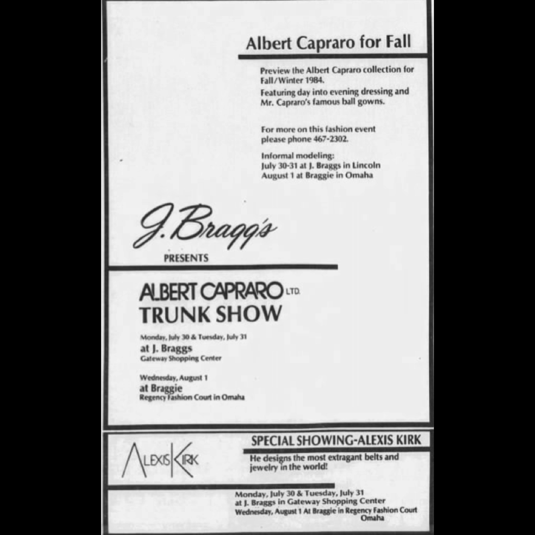 ALBERTCAPRARO's tweet photo. July 29, 1984 -  Lincoln Journal Star  
ALBERT CAPRARO for Fall
Preview the ALBERT CAPRARO collection for Fall/Winter 1984.
Featuring day into evening dressing and Mr. Capraro's famous ball gowns. https://t.co/6XRZJ0QoIh