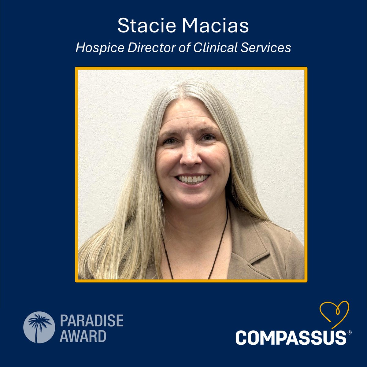 compassus's tweet photo. We’re proud to recognize Compassus Hospice Director of Clinical Services Stacie Macias in Lansing, MI, as July’s winner of the Paradise Award 🎉 

Visit Lansing Hospice at https://t.co/dGBrMwuSym.

#Compassus #HospiceCare #LeadershipExcellence #LansingMI https://t.co/Gfu1DCCV0i