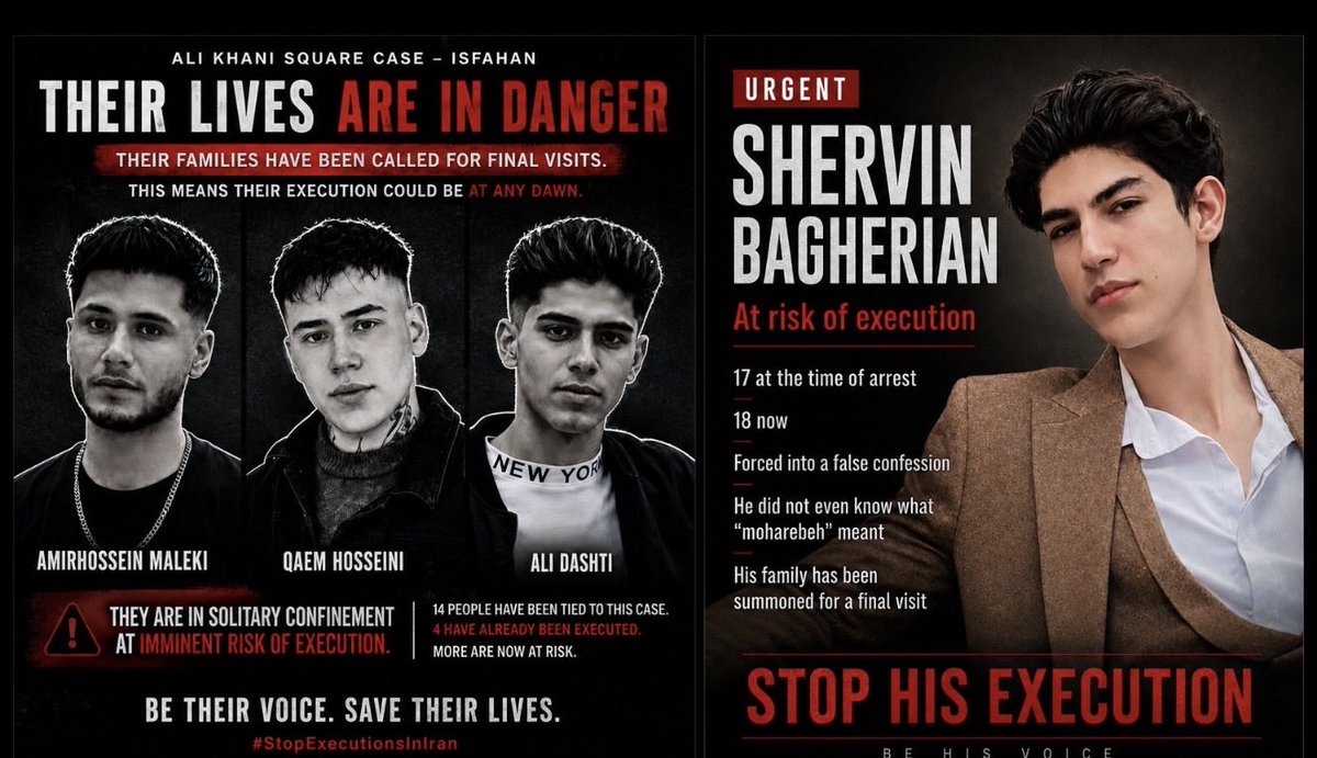 Niki_Irani88's tweet photo. @IsraelPersian 🆘Ali Dashti, Qaem Hosseini, Amirhossein Maleki and Shervin Bagherian are on death row. Their families have been summoned for final visits, a sign that their executions may be imminent.

Four of the innocent young protester connect to #alikhani_square have already been executed. https://t.co/rS1s4tLNdO