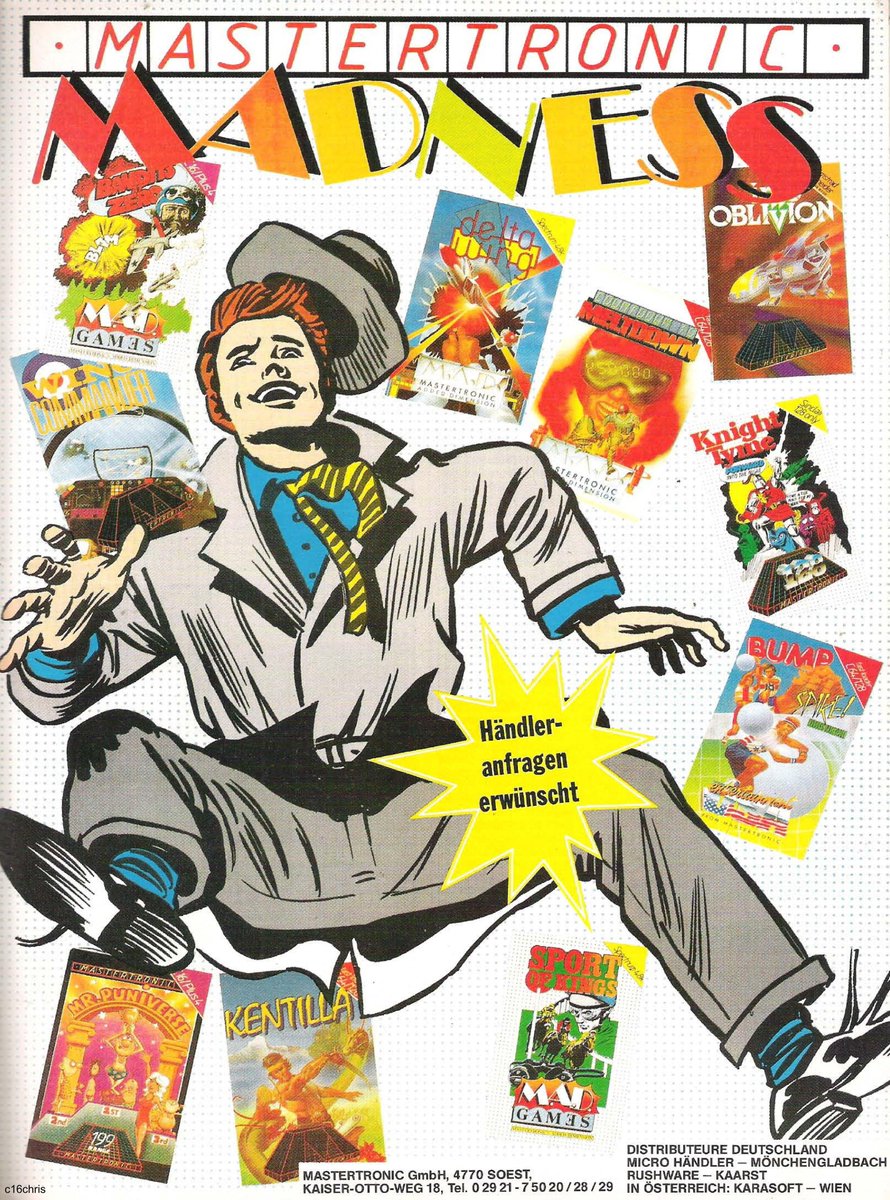 Retrojournal_de's tweet photo. Wer erinnert sich noch an Mastertronic?💾
Für kleines Geld gab's Mitte der 80er jede Menge Spielspaß. Auf dieser Anzeige tummeln sich Klassiker wie Finders Keepers, Knight Tyme, BMX Simulator, Delta Wing und viele mehr. Welches war euer Favorit?🎮 #C64 #Mastertronic https://t.co/qS6dwoIVEk