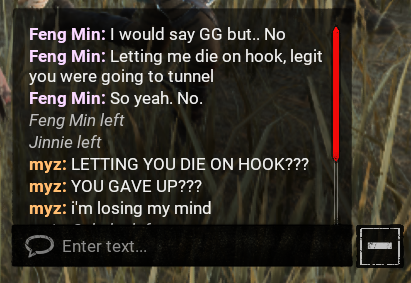 myztake_'s tweet photo. Context: Feng Min brought a green luck offering. On her first hook she went second and just stood afk on hook after we unhooked her to get herself killed. She was FIRST chase btw and has the audacity to say we "let her die" when she purposefully tried to unhook herself to give up https://t.co/Vj8aDqKEnH