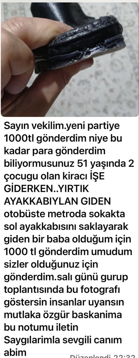 MTanal's tweet photo. Bana  gelen aşağıdaki mesaj, 
Türkiye’nin gerçek fotoğrafıdır.

Yırtık ayakkabıyla işe giden, iki çocuk babası bir emekçi; tüm zorluklara rağmen YENİ Parti’ye 1.000 TL bağış yapmış.

Bu bağışın değeri para değil, umuttur.

Hiç kimse çalıştığı hâlde yırtık ayakkabıyla yaşamak zorunda kalmamalı. Bu düzen değişecek. YENİ Parti bunun için var.