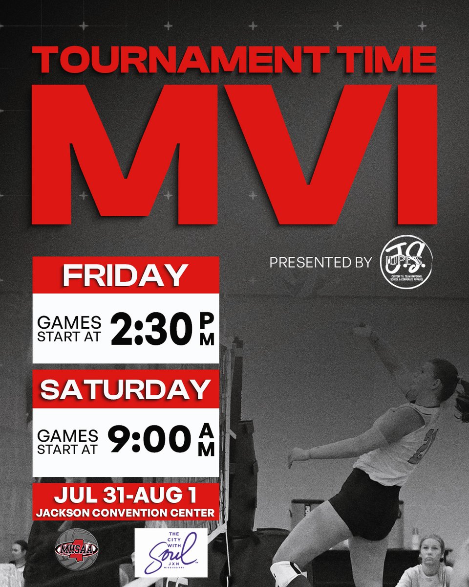 misshsaa's tweet photo. The 2026 Mississippi Volleyball Invitational presented by J.S. Iupe's is here! More than 30 teams. Two days. One stage. Let the road to championship season begin.

📍 Jackson Convention Center
🎟️ Doors open 1 hour before the first match each day of the event
💻Event Info: https://t.co/JUn9RXpncN

@VisitJacksonMS