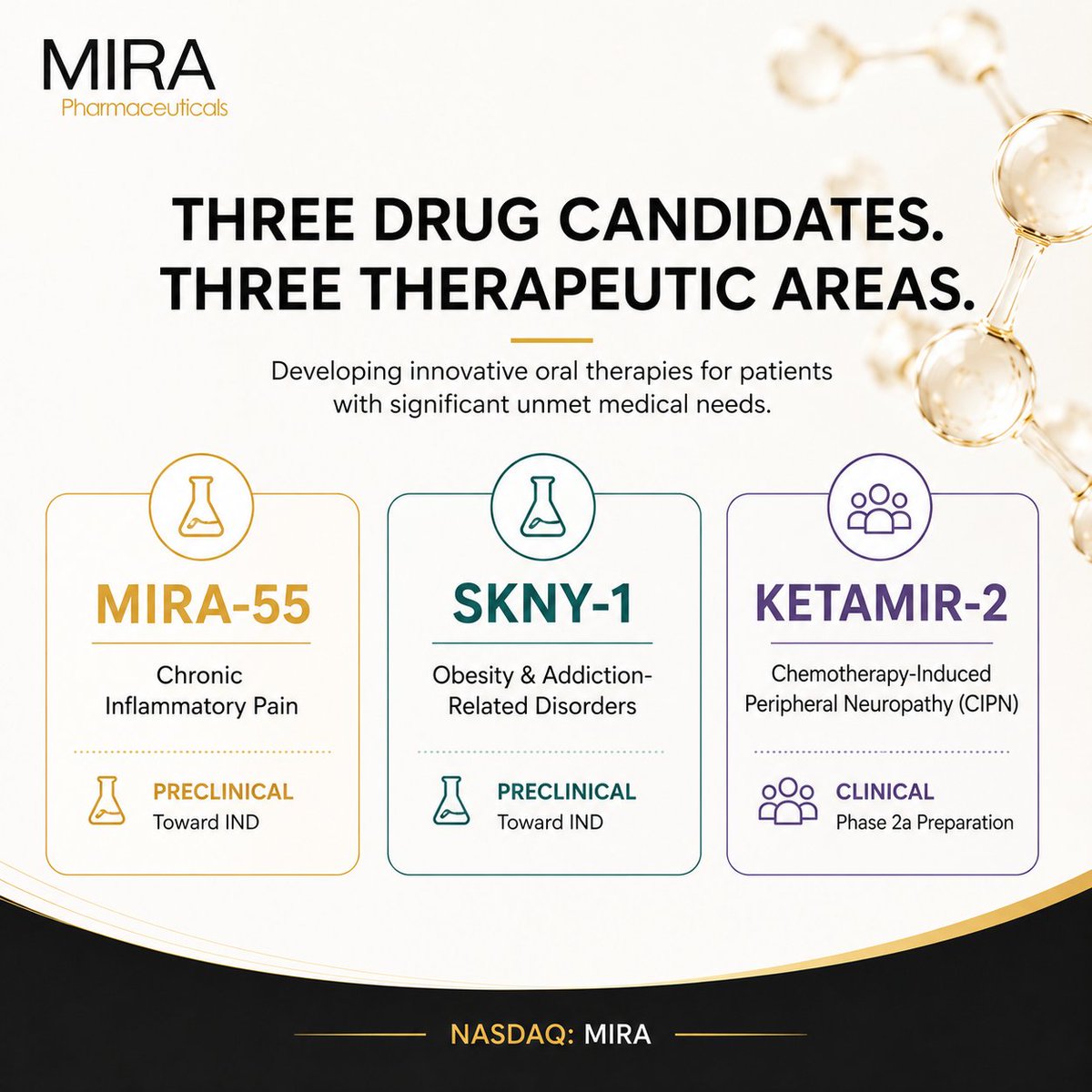 PharmaMira's tweet photo. $MIRA: Three differentiated drug candidates. Three therapeutic areas.

🔹 MIRA-55 – Preclinical, currently being investigated for chronic inflammatory pain and progressing toward an IND.

🔹 SKNY-1 – Preclinical, currently being investigated for obesity and addiction-related disorders and progressing toward an IND.

🔹 Ketamir-2 – Preparing for a Phase 2a clinical study in chemotherapy-induced peripheral neuropathy (CIPN).

We remain focused on advancing innovative oral therapies to address significant unmet medical needs.

Learn more: https://t.co/cx637Qctdl

$MIRA #Biotech #DrugDevelopment #ClinicalResearch