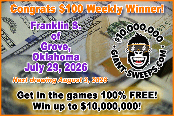 realgiantsweeps's tweet photo. 💸$100 Giveaway every week!
🏆$25 Daily Cash Prize drawing!
👉Daily #sweepstakes #games to #win up to $10,000,000!

🐒Play Giant-Sweeps 100% FREE: https://t.co/t6245jLQeZ https://t.co/Ip3Twfy8TQ