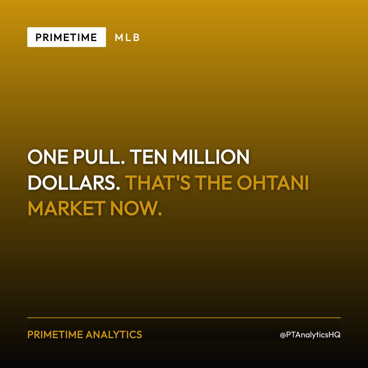 PTAnalyticsHQ's tweet photo. One pull. Ten million dollars. That's the Ohtani market now.

A Florida collector pulled a 1-of-1 Shohei Ohtani card and flipped it for more than $10 million, per ESPN. No auction house theatrics needed — the card sold outright.

What's the ceiling on a true 1-of-1 Ohtani now — and does this number hold up the next time one hits the market?