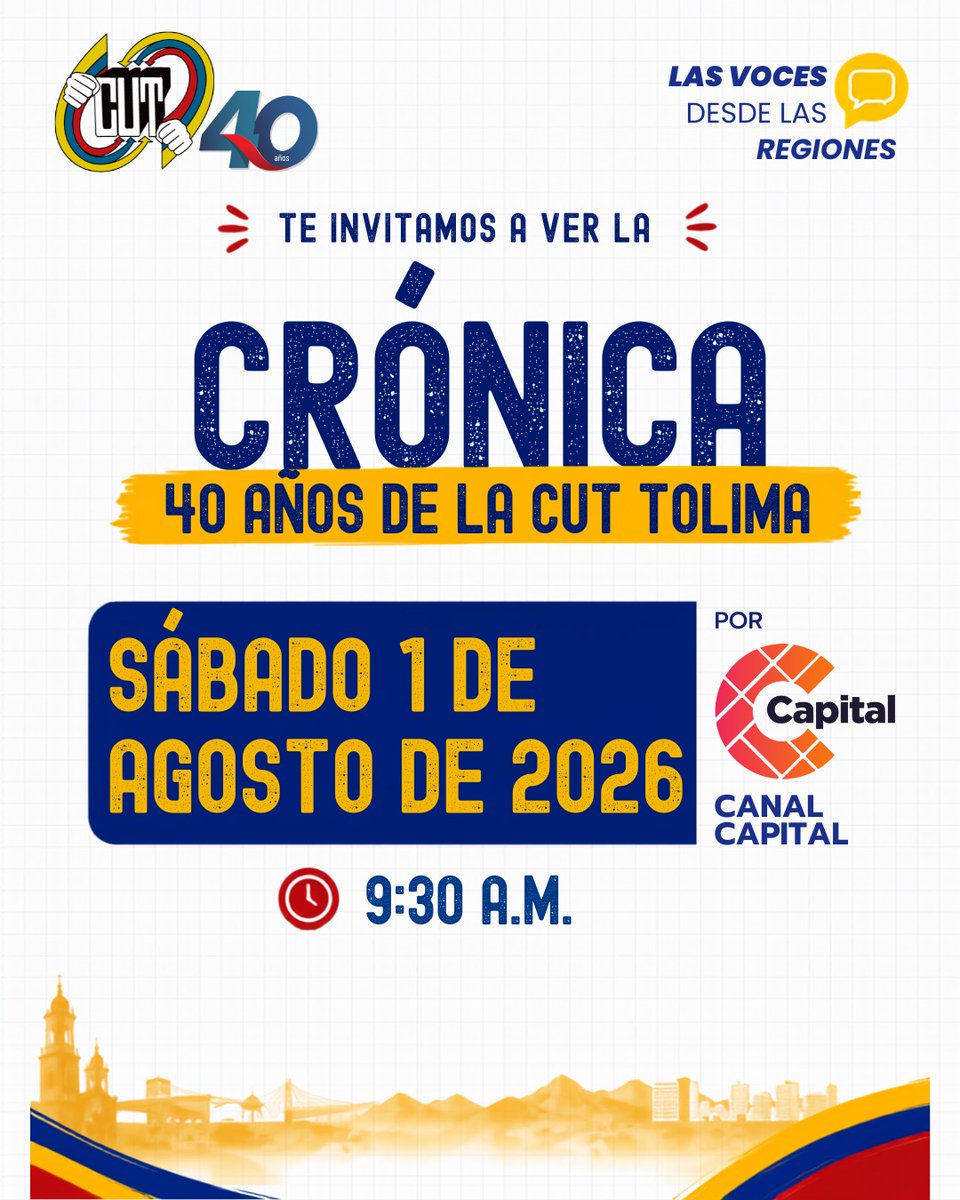 cutcolombia's tweet photo. A través de las voces de sus protagonistas, recordamos cómo la unidad permitió enfrentar las injusticias, fortalecer las organizaciones sindicales y construir un legado que continúa en las nuevas generaciones.

✊ CUT 40 años: las voces desde las regiones.
Por vida, paz, soberanía, democracia y derechos laborales.

#CUT40Años #LasVocesDesdeLasRegiones #CUTTolima #UnidadSindical #DerechosLaborales #ActualidadCUT