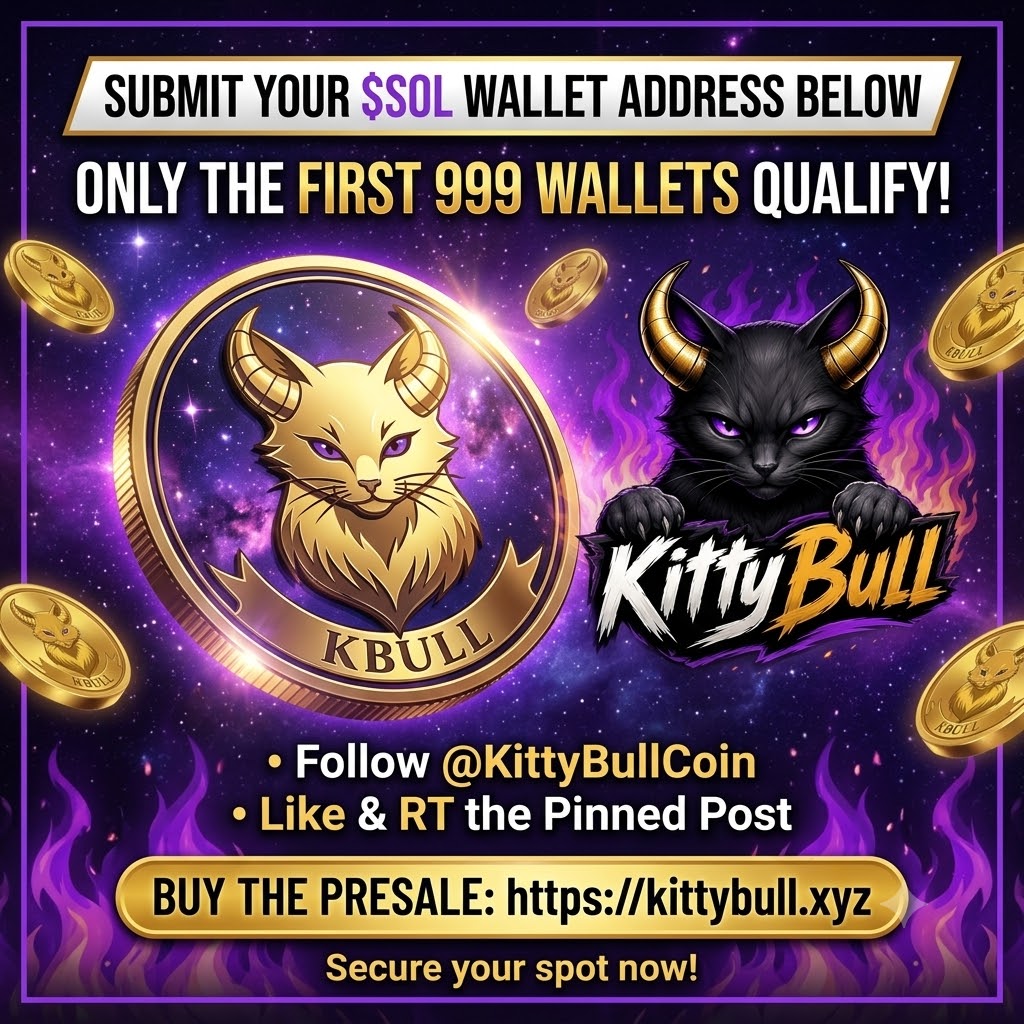 KittyBullCoin's tweet photo. Submit your 
$SOL
 wallet address below. 

 Only the first 999 wallets qualify.

 Follow 
@KittyBullCoin

 Like &amp; RT the pinned post

 Buy the Presale https://t.co/b0tUPSUWTm