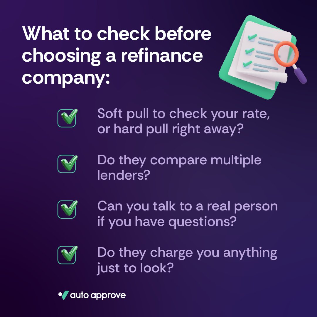 AutoApproveRefi's tweet photo. Not all refinance companies work the same way. Here's what you should ask before picking one 👇 (We're a yes on all four, for what it's worth.) https://t.co/NBl9J1wMfR