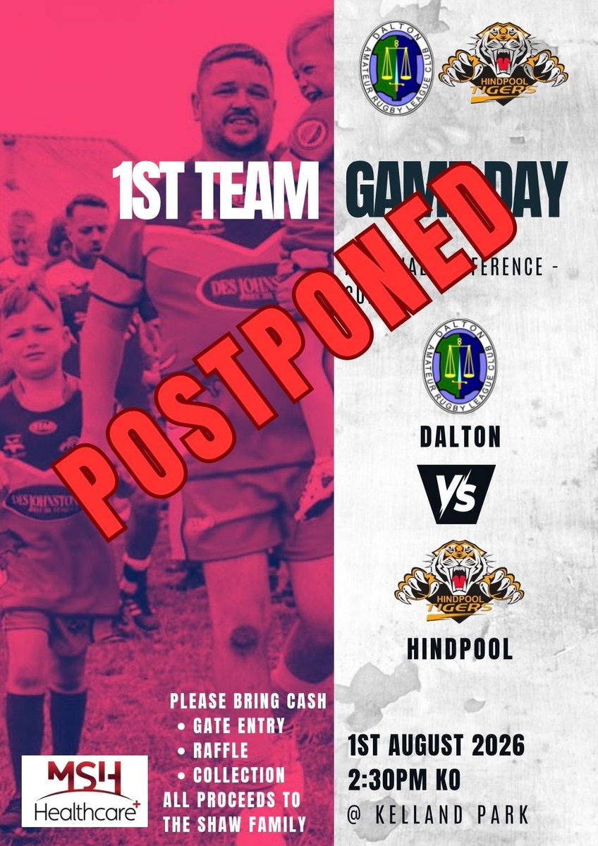 DaltonRugby's tweet photo. 🔴⚫🐉🐉Game Week

With sad news Hindpool chair and club stalwart Graham Shaw passing away the local derby is postponed

🆚️ @Hindpoolt
🏟 Kelland Park
🗓 Sat 1st August
⏰ Postponed
🏆NCL Cumbria

@bbccumbriasport @13proamrl
@BarrowandDis_RL @WandFCouncil @TheRFL
@Six_Again https://t.co/LeZQiln3Ax