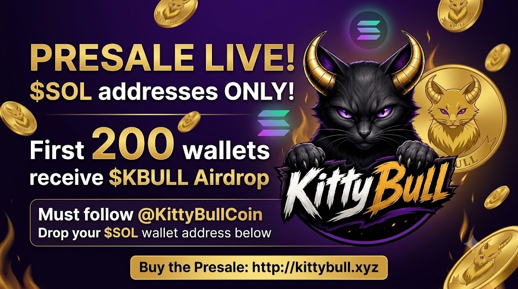 KittyBullCoin's tweet photo. solana:So11111111111111111111111111111111111111112
 addresses ONLY! 

 First 200 wallets receive $KBULL

 Must follow 
@KittyBullCoin

 Drop your 
solana:So11111111111111111111111111111111111111112
 wallet address below.

 Buy the Presale: https://t.co/4ehi1OYjFC