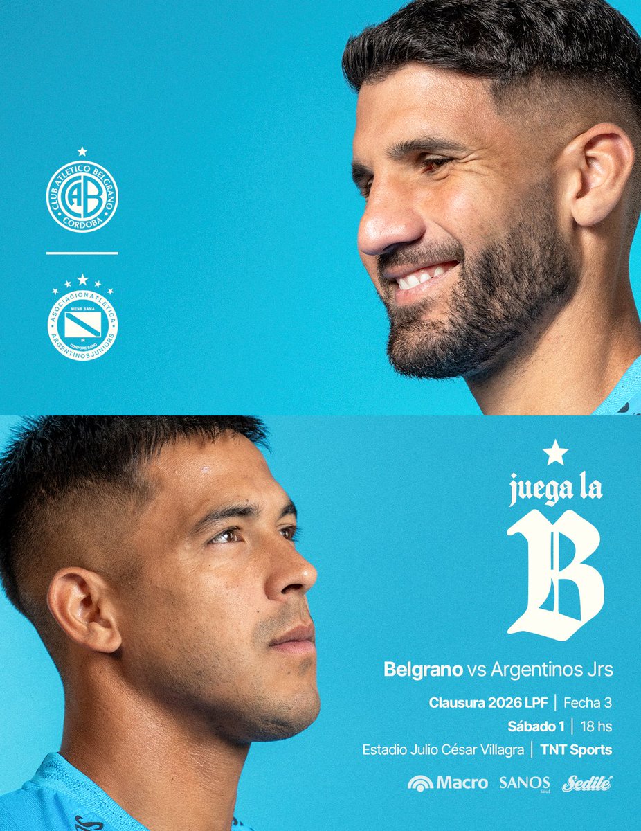 Belgrano's tweet photo. #TorneoMercadoLibre Clausura 2026 🏆

Fecha 3️⃣ | 🆚 Argentinos Jrs

🗓️ Sábado 1/8
🕒 18:00 hs
🏟️ Estadio Julio César Villagra
📺 Seguilo en vivo por @TNTSportsAR
💳 ¡Últimos abonos disponibles! Sacalo ahora en https://t.co/Bm2jvSWRDV

#DaleBelgrano 🏴‍☠️ https://t.co/bMdBqAYknr