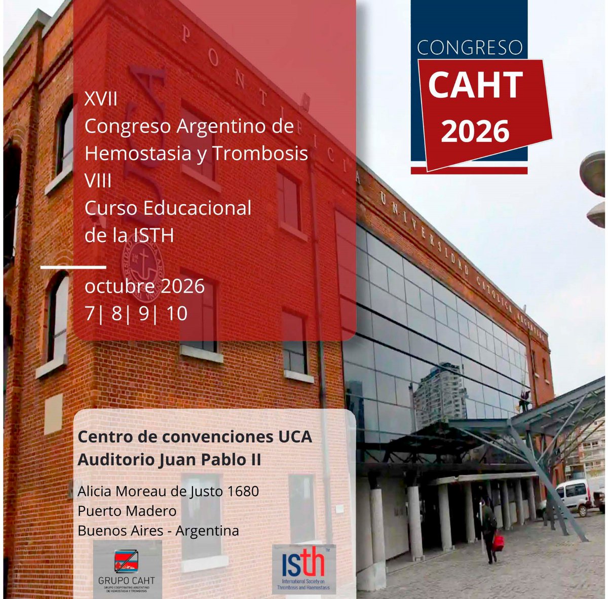 grupoclaht's tweet photo. Buenos Aires será la sede del XVII Congreso Argentino de Hemostasia y Trombosis y del VIII Curso Educacional de la ISTH, que se realizarán del 7 al 10 de octubre de 2026.
#CAHT2026 #ISTH #Hemostasia #Trombosis #LaboratorioClínico #Hematología https://t.co/qMvJqankwR