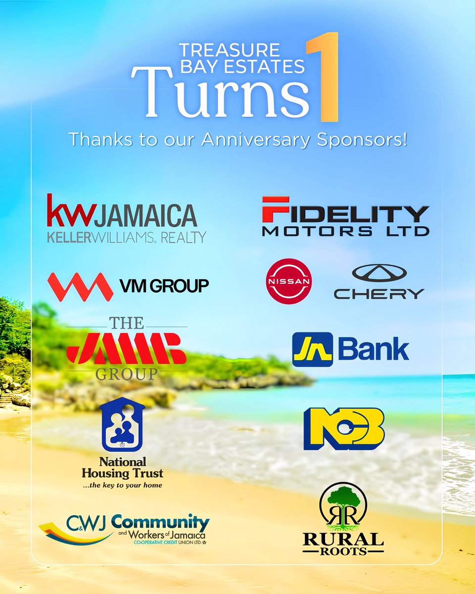 treasurebayest's tweet photo. Treasure Bay Estates Turns One! ✨

A heartfelt thank you to KW Jamaica and our valued sponsors, Fidelity Motors, Nissan, Chery, VM Group, JMMB Group, JN Bank, NCB, NHT, CWJ Credit Union and Rural Roots, for helping turn vision into reality.

Celebrating one year of progress! https://t.co/MCnZBgzzjL