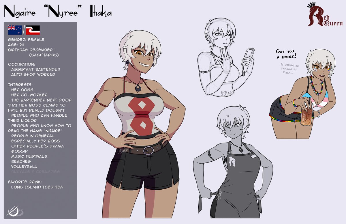 _Zaidsi_'s tweet photo. A hotheaded mom running a cocktail bar with part-time help from a dorky edgelord and a bubbly gossip girl. #oc #RabbitHole https://t.co/E93bDwdlJE