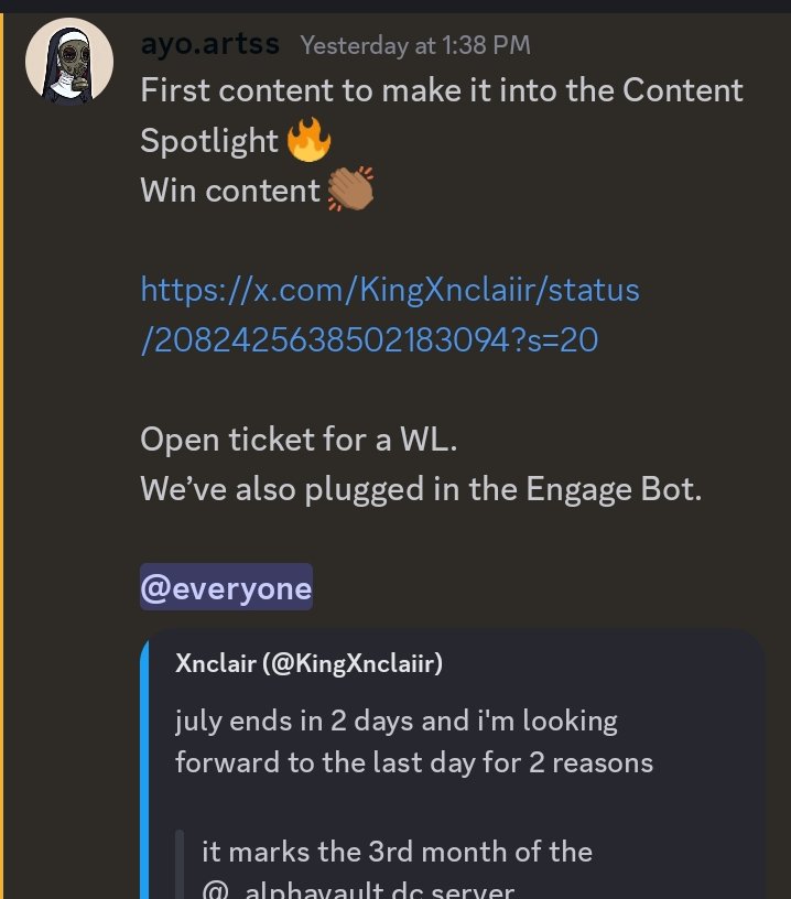KingXnclaiir's tweet photo. one thing that's a given in the community @_alphavault is recognition

- recognition for showing up
- recognition for staying active 
- recognition for a job well done
- recognition for adhering to instructions 
- recognition for a beautifully written piece 

and because of that we have channels in the server where these recognitions are done properly for all to see

one of such channels is the "content spotlight" channel

this is where the most intriguing and outstanding contents are put up and the creator gets a reward for it 

since the channel's inception, no content has made it in and @madamayo_ kept saying "I've not seen any content that wowed me" 

ladies and gentlemen I'm here to say that gramps made it into the Spotlight Channel yesterday and I'm so happy 🤸🤸

I'm happy not just because of the WL reward I got but because it shows how much I've improved and how much more I could unlock by doing what i love doing "writing"

thanks always for the opportunity to do better and be better 
thanks for always recognizing my milestone achievements 1 after the other 
thanks for showing up for me always 

i lob y'all mi familia @_alphavault
i lob you mama @madamayo_