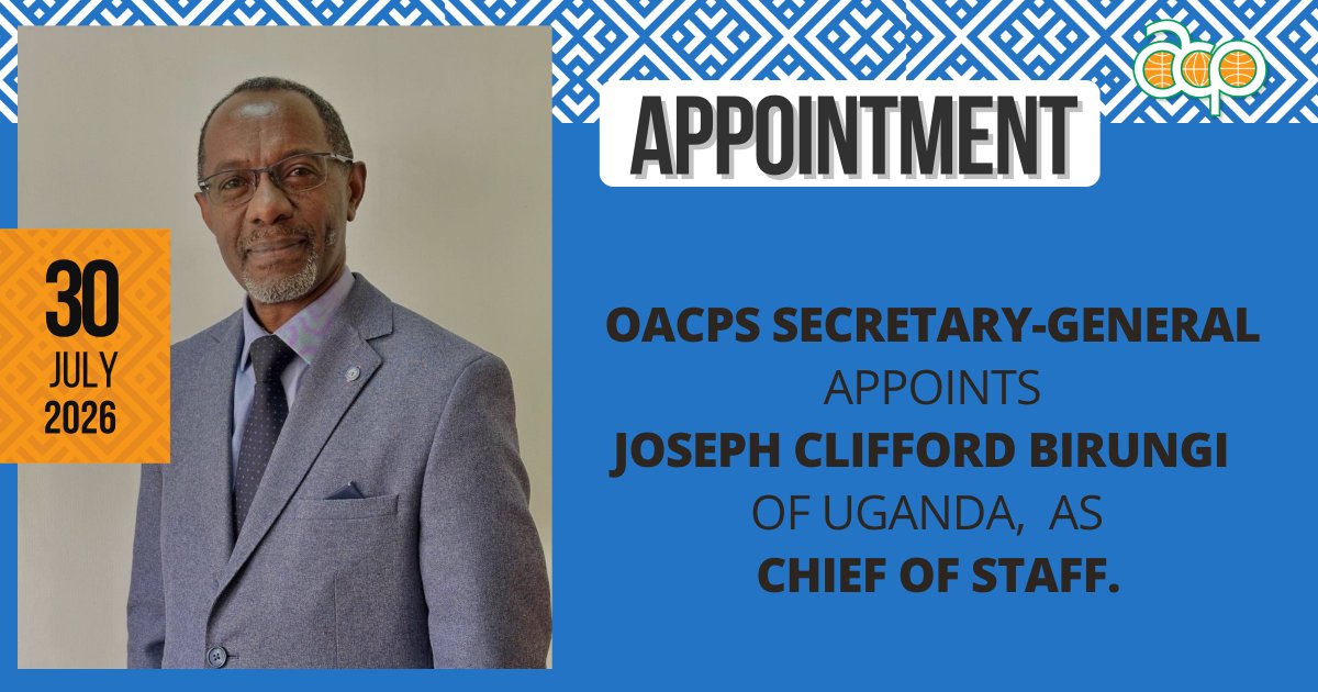 PressACP's tweet photo. 🌐 OACPS Secretary-General H.E. Moussa Saleh Batraki (@Mbatraki) has appointed Mr Joseph Clifford Birungi of Uganda 🇺🇬 as Chief of Staff.

Mr Birungi brings over 25 years of experience in policy analysis, strategic advisory services, regional integration, multilateral diplomacy, political affairs, conflict prevention and peacebuilding. Prior to joining the OACPS, he served with the United Nations Office to the African Union (UNOAU) and held senior positions within the Government of Uganda and the East African Community.

🔗 Read More ➡️ https://t.co/trt7WWELMK

#OACPS #Leadership #Diplomacy #InternationalCooperation