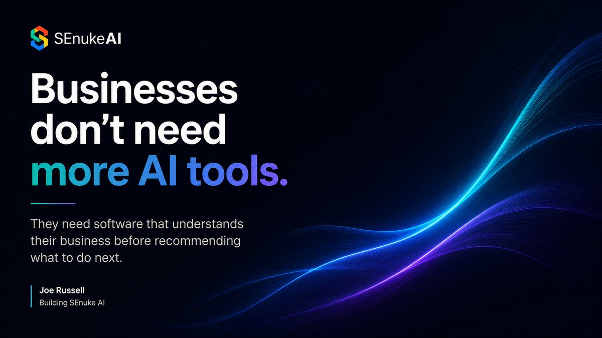 JoeRusselldotca's tweet photo. Businesses don't need more AI tools.

They need software that understands their business before recommending what to do next.

That's why I'm rebuilding SEnuke as an AI Growth Operating System.

https://t.co/Hok2zshQqm

#AI #BusinessGrowth https://t.co/xHRL6RBfbb