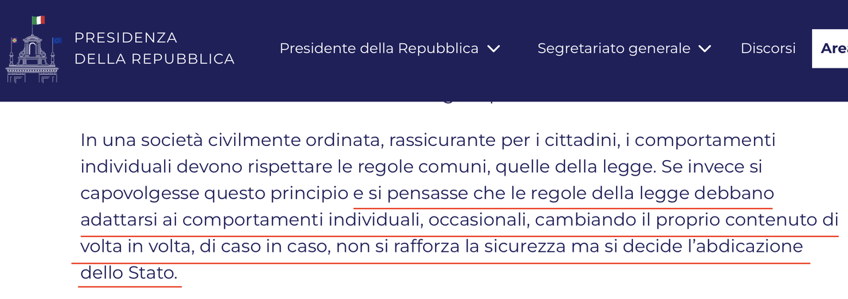 vitalbaa's tweet photo. I più hanno letto il riferimento di Mattarella al caso Roggero e al disegno di legge per modificare la norma sulla legittima difesa (modifica che non potrebbe mai passare).

Forse, al di là di quel caso, il Presidente sta anche stigmatizzando la pessima abitudine dell'esecutivo di legiferare in occasione di ogni fatto di cronaca, trasformando qualunque evento in un'emergenza.