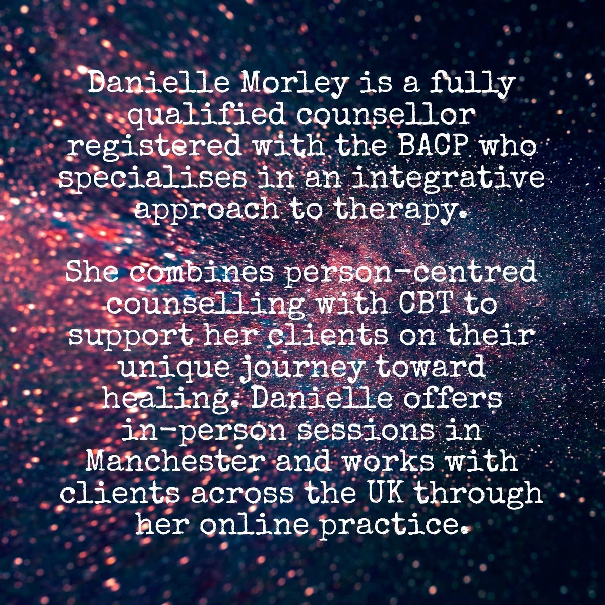 MHTherapyHub's tweet photo. The Mill Hill Therapy Hub is delighted to welcome psychotherapist Danielle Morley! 🌟🛋️✨ 
Danielle adopts an integrative approach combining person-centred counselling &amp; CBT. She practises in Manchester &amp; is available for online sessions nationwide. 🏙️💻🌿 https://t.co/itF7AUvUhL