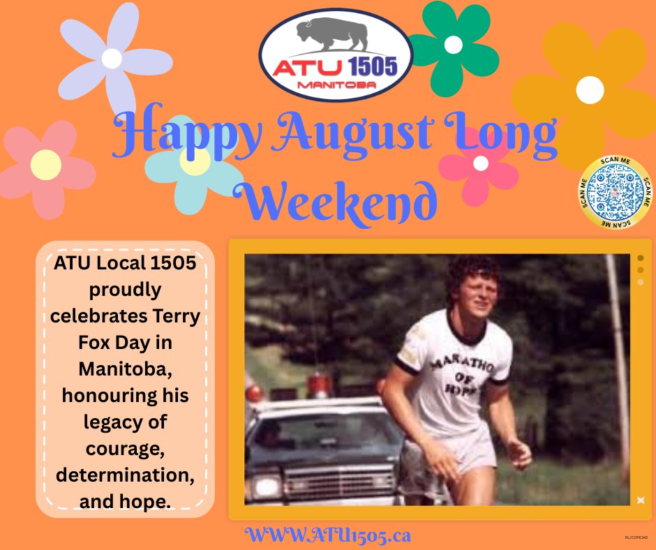 ATU1505's tweet photo. This August Long Weekend, we honour the incredible legacy of Terry Fox—a Canadian hero whose courage, determination, and selflessness continue to inspire generations. As communities celebrate Terry Fox Day, let's remember that one person's perseverance can change the world. https://t.co/KZ9kM6fTAm