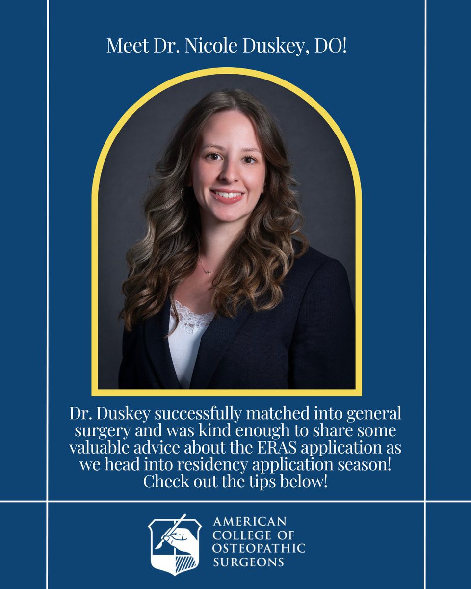 ACOSurgeons's tweet photo. Meet ACOS member Nicole Duskey, DO! 🩺

Dr. Duskey successfully matched into general surgery and shared her top advice for navigating the ERAS application as residency season approaches. Check out her tips below:

✔️ Use a blank document or piece of paper to brainstorm all of the things you’ve done and organize them
✔️ Use bullet points or concise sentences when describing your experiences, no long paragraphs
✔️ Do thorough research into the programs you’re applying to and whether they align with your scores and amount of research so you aren’t spending money on programs you aren’t a strong candidate for
✔️ Use signals strategically

Best of luck to everyone preparing their residency applications! What advice would you add for this year's applicants?