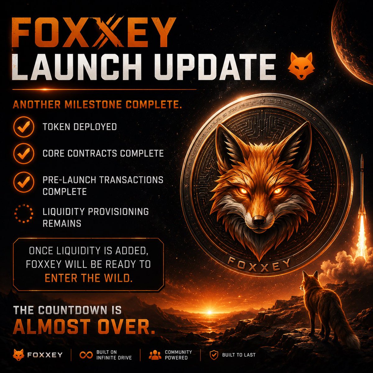 Michael32661615's tweet photo. FOXXEY Launch Update 🦊

Another milestone complete.

✔️ Token deployed
✔️ Core contracts complete
✔️ Pre-launch transactions complete
⏳ Liquidity provisioning remains

Once liquidity is added, FOXXEY will be ready to enter the wild.

The countdown is almost over.

#FOXXEY #InfiniteDrive