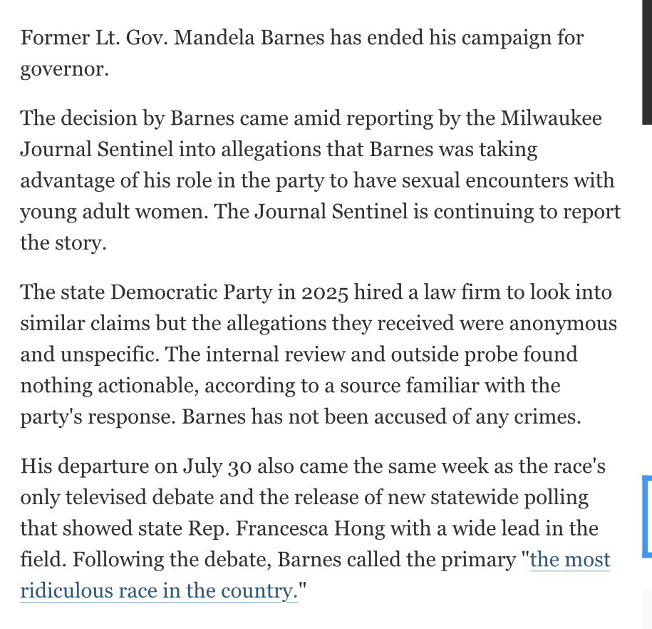 RichardHanania's tweet photo. Mandela Barnes drops out of Wisconsin governor’s race.

His crime?

“sexual encounters with young adult women”

This came from accusations that were “anonymous and unspecific.” Sounds super serious!

You can’t make this stuff up.

Democrats are simply making it unacceptable to be a single heterosexual male with more than one partner.

They stoped saying Latinx and gave up on trans women in sports. But only to impose a new kind of sexual prudery beyond anything we’ve seen before.