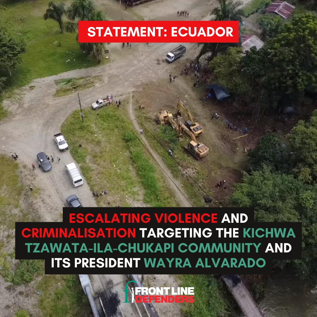 FrontLineHRD's tweet photo. 📍ECUADOR

We are deeply concerned by the escalating violence, harassment, and criminalisation against the Kichwa Tzawata-Ila-Chukapi Indigenous community and its president, Kambak Wayra Alvarado Andy, located in the Ecuadorian Amazon.

The community has defended its ancestral Indigenous lands for generations against territorial dispossession and currently faces an ongoing alleged attempt by the company Terraturismo S.A. to evict them from their land. On 10 June, around 200 people linked to the company entered the territory in an eviction attempt, leaving at least three people seriously injured. Further attacks were reported throughout July.

Human rights defender Wayra Alvarado is currently facing four criminal complaints filed by individuals linked to the company and was arrested on 7 May. We consider this part of a wider pattern of using the justice system to obstruct Indigenous peoples’ defence of their territorial rights.

Front Line Defenders urges Ecuadorian authorities to independently investigate the attacks, guarantee protection for the community and its leaders, drop the charges against Wayra Alvarado and other community members, and ensure they can carry out their legitimate work in defense of the territory without violence, threats or criminalisation.

🔗Read the full statement: https://t.co/O7oWp9DW5N
