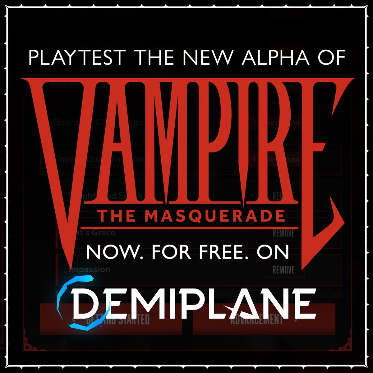 worldofdarkness's tweet photo. Today is the big day. We're officially announcing V6!

Desire to know more? Well, Kindred, we can do even better than that... V6 alpha is now out on Demiplane!

Come, satiate yourself and your coterie on the alpha of our newest edition of Vampire: The Masquerade. 🦇 https://t.co/nj5fi7AbDT