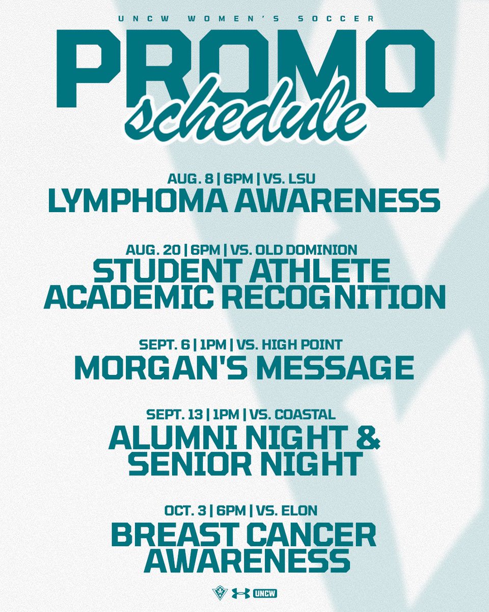 UNCWSoccer's tweet photo. introducing our 2026 promo schedule! 🗓️

plan your visits to the pitch today! 

#SeahawkSoccer https://t.co/ZQ97QCzPP4
