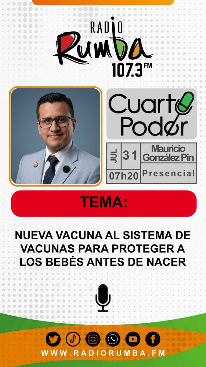 RadioRumbaEc's tweet photo. 🔴Mañana en #CUARTOPODER:Dr.Mauricio González Pin, responsable de Oficina Técnica del Ministerio de Salud Pública (@Salud_Ec), con el tema:"Nueva vacuna al sistema de vacunas para proteger a los bebés antes de nacer"

🕕07h20 | 107.3 FM #Rumba

#Salud #Vacunacion #MinisterioSalud https://t.co/zLPvFi0jaI