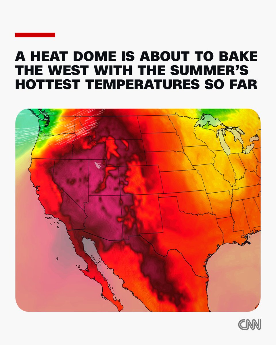 CNN's tweet photo. An unusually strong heat dome will scorch much of the western United States this weekend, bringing the hottest temperatures so far this year to tens of millions from California to Canada. https://t.co/zP1rOQofp7 https://t.co/Y8vRh3YyjC