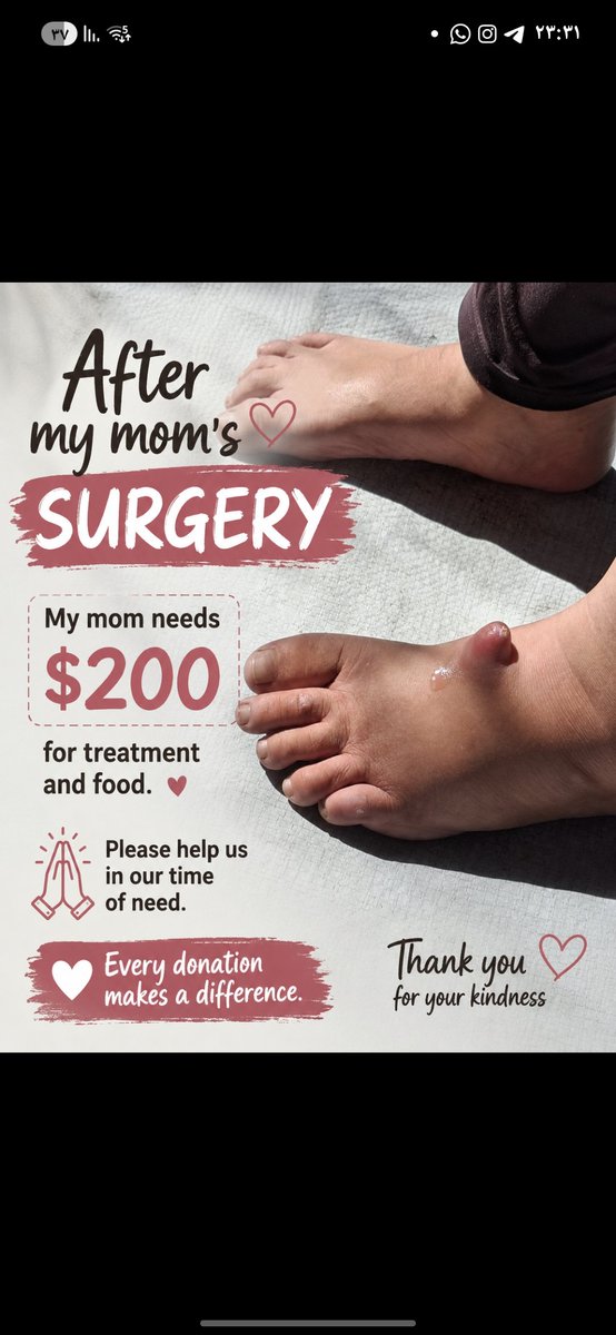 mahfromGazgd's tweet photo. After my mom’s surgery, we urgently need $200 for her treatment and food. Every donation means so much. Please help. ❤️
https://t.co/dY1kU9kCyX https://t.co/GuTJRdbnLx