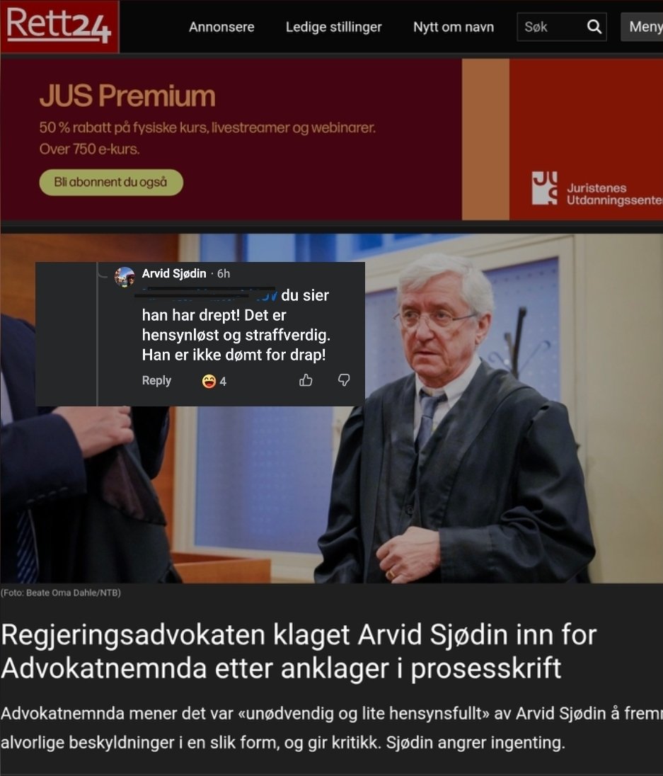 HeleneTveit1's tweet photo. Arvid Sjødin truer nå med å anmelde folk som sprer rykter og «falske anklager» i kommentarfeltet om Jæren-saken. Han tar skjermbilder og planlegger minst ti anmeldelser.

Samme mann ble i juni 2025 kritisert av Advokatnemnda for nettopp det: å fremsatte svært alvorlige beskyldninger om forfalskning av dokumenter, falske anklager og villedning av retten – i prosesskriv, uten tilstrekkelig bevis. Nemnda kalte det «unødvendig og lite hensynsfullt».
Sjødin angrer ingenting.

Når det gjelder andre er rykter straffbart. Når det gjelder ham selv er det greit. Klassisk hykleri.