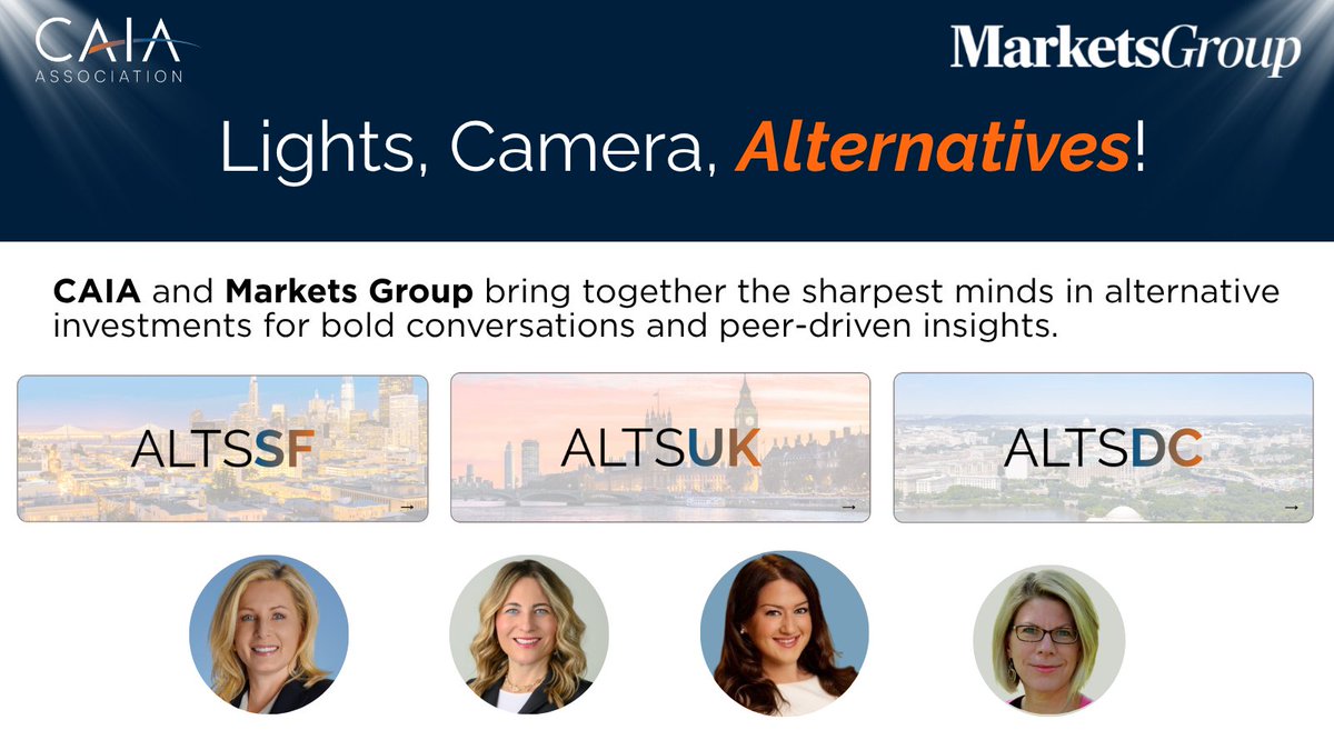 CAIAAssociation's tweet photo. Three cities, countless conversations and connections. The ALTS conference series rolls on. Find us at #ALTSSF, #ALTSUK, and #ALTSDC, where CAIA's Adele Kohler, Laura Merlini, Georgina Tzanetos, and Sarah Auerbach will take the stage. https://t.co/xulMYFvbmW
Thanks to our partner @MarketsGrp!